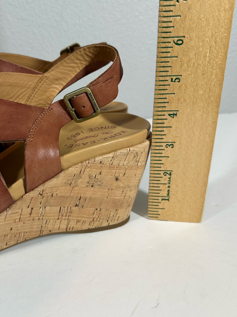KORK-EASE Women's 9 Brown Leather Slingback Cross Strap Cork Wedge Sandals - Picture 8 of 8